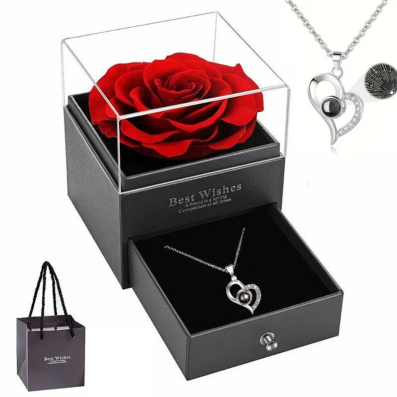 Heart-Shaped Red Rose Necklace with Gift Box - Valentine's Day, Anniversary, Birthday, Mother's Day Gift for Women, Mom, Wife Ho HoVerra