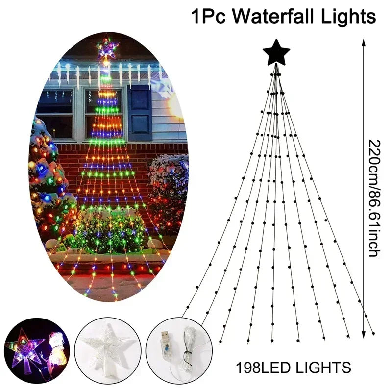 LED Christmas Waterfall Fairy String Light with Topper Star Christmas Tree Decoration 2025 for Home Navidad Natal New Year 2026  Ho HoVerra