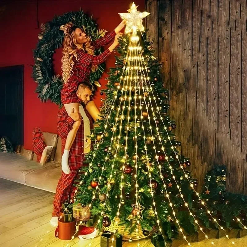 LED Christmas Waterfall Fairy String Light with Topper Star Christmas Tree Decoration 2025 for Home Navidad Natal New Year 2026  Ho HoVerra