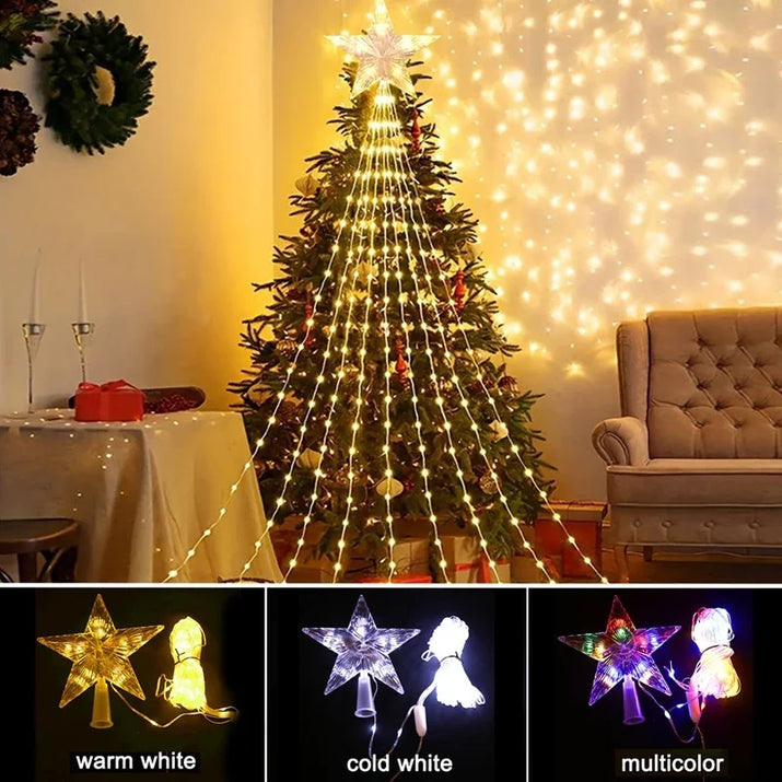 LED Christmas Waterfall Fairy String Light with Topper Star Christmas Tree Decoration 2025 for Home Navidad Natal New Year 2026  Ho HoVerra