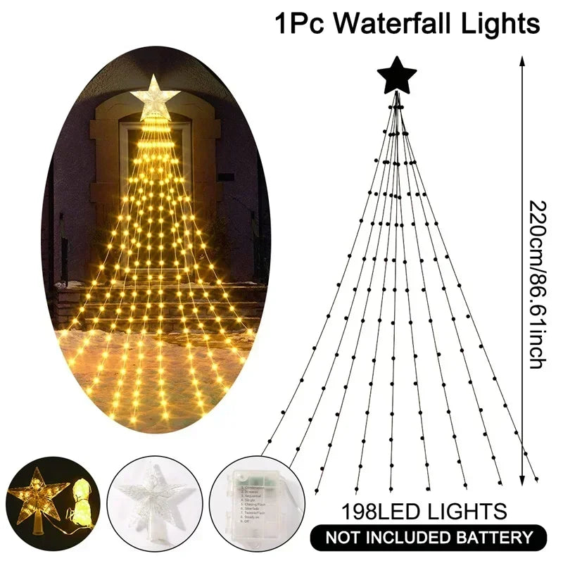 LED Christmas Waterfall Fairy String Light with Topper Star Christmas Tree Decoration 2025 for Home Navidad Natal New Year 2026  Ho HoVerra