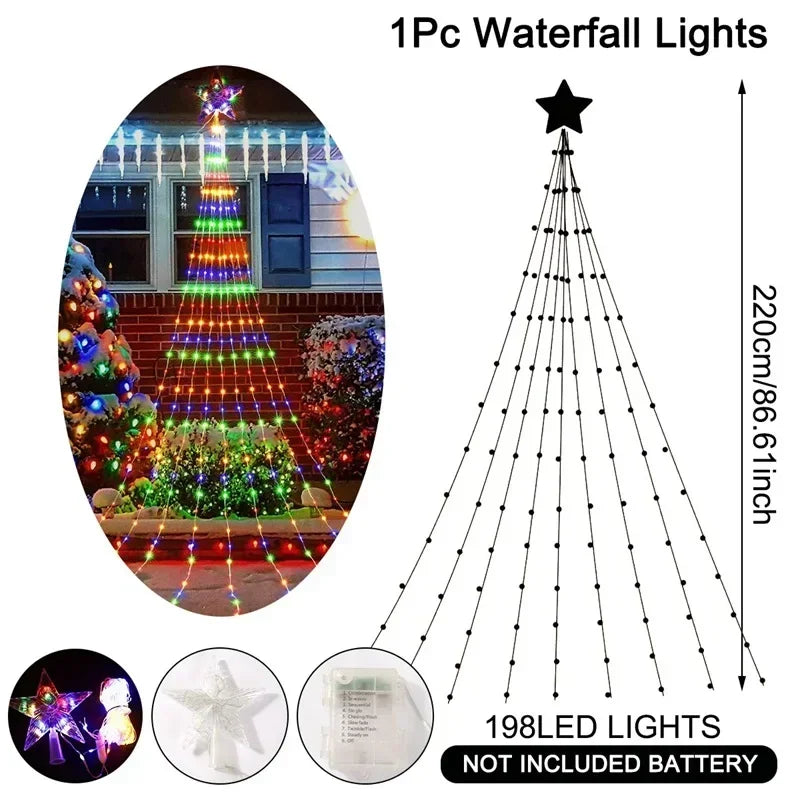 LED Christmas Waterfall Fairy String Light with Topper Star Christmas Tree Decoration 2025 for Home Navidad Natal New Year 2026  Ho HoVerra