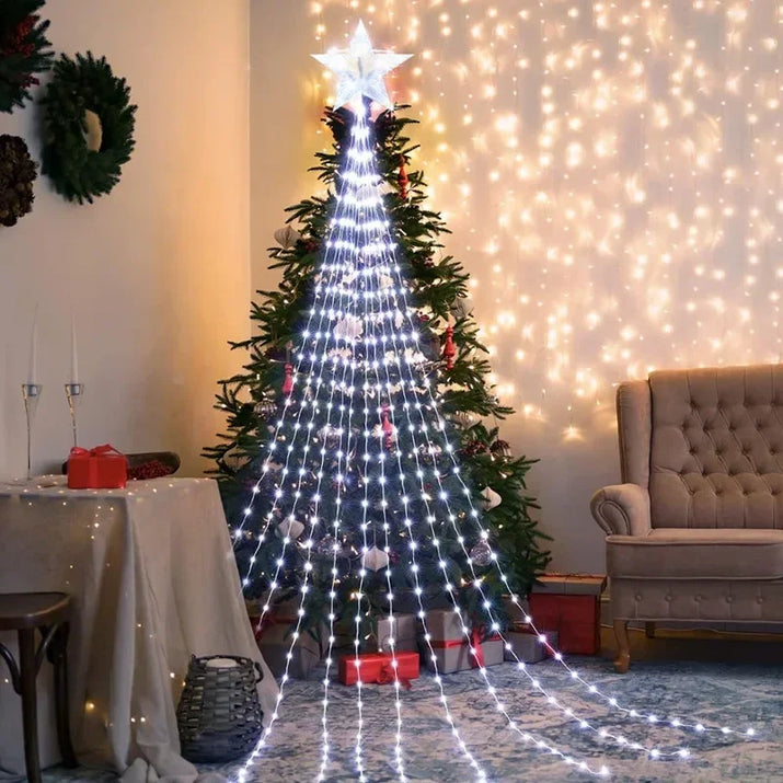 LED Christmas Waterfall Fairy String Light with Topper Star Christmas Tree Decoration 2025 for Home Navidad Natal New Year 2026  Ho HoVerra
