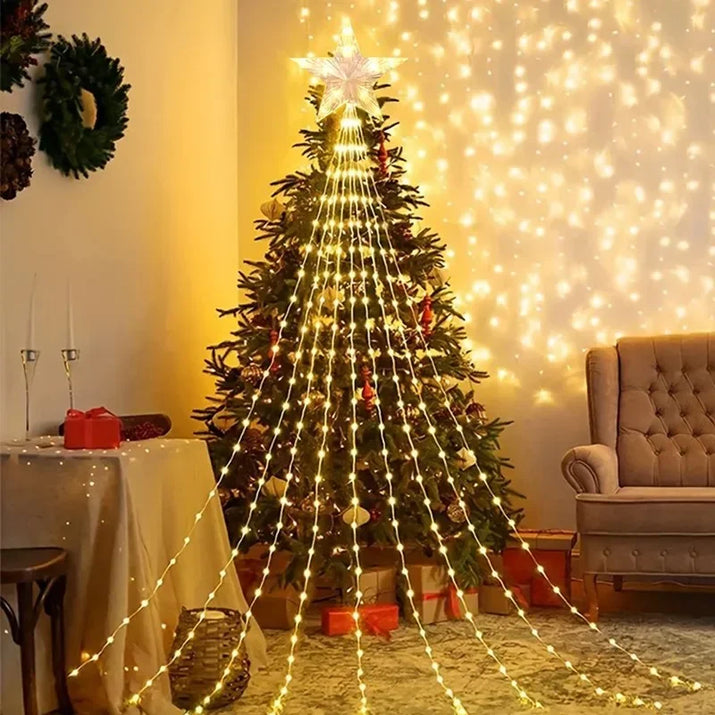 LED Christmas Waterfall Fairy String Light with Topper Star Christmas Tree Decoration 2025 for Home Navidad Natal New Year 2026  Ho HoVerra