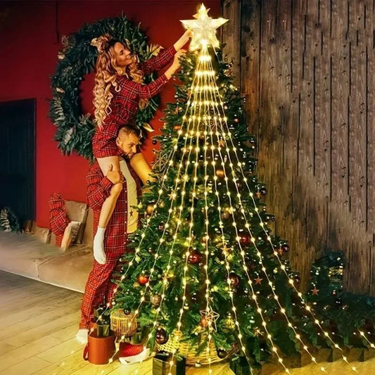 LED Christmas Waterfall Fairy String Light with Topper Star Christmas Tree Decoration 2025 for Home Navidad Natal New Year 2026  Ho HoVerra
