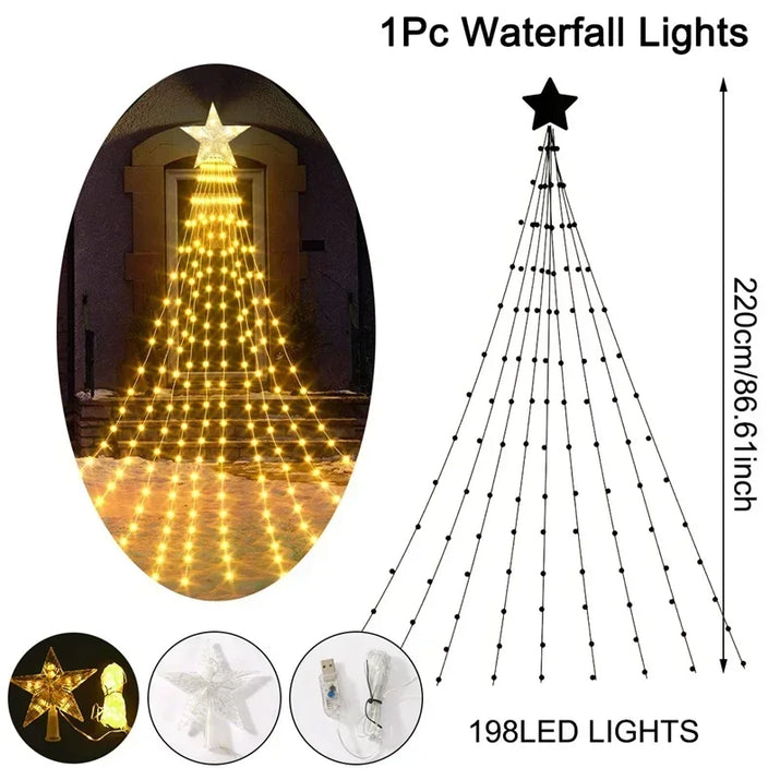 LED Christmas Waterfall Fairy String Light with Topper Star Christmas Tree Decoration 2025 for Home Navidad Natal New Year 2026  Ho HoVerra